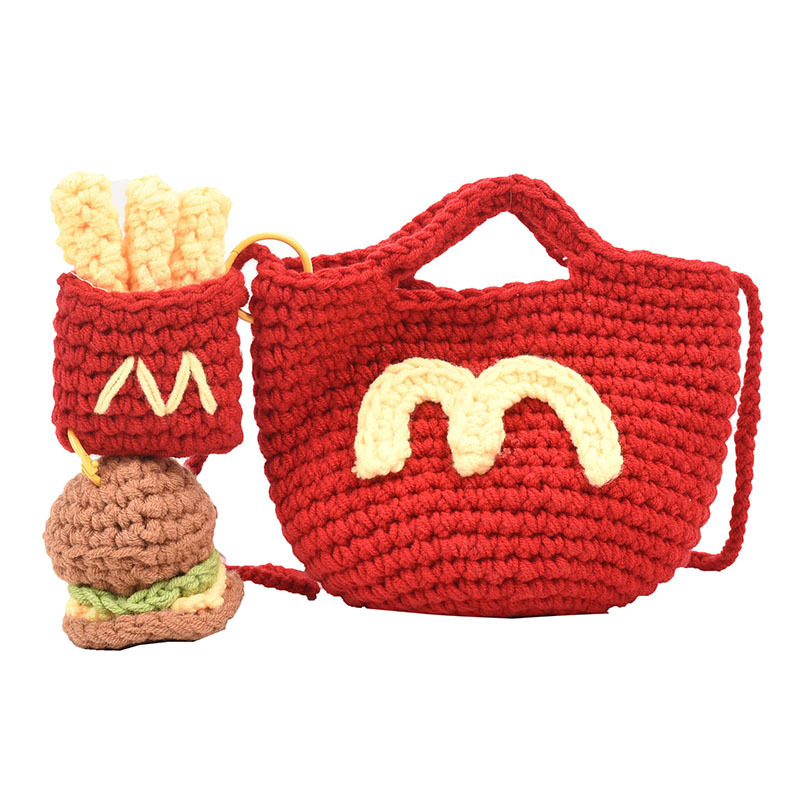 Pamučna torbica s horgolanim hamburgerom i pomfritom – dječji ruksak/novčanik, prozračan, bez podstavka, jednobojni uzorak