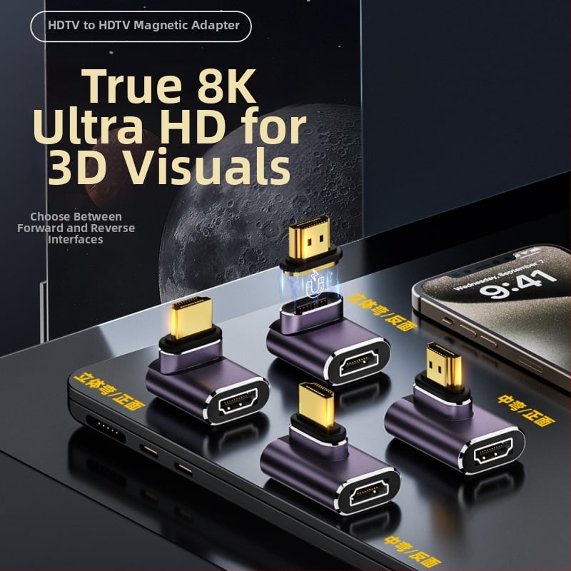 Adaptor magnetic HDMI 2.1, M-F, convertor 8K, cablu HDMI 1,5 m, portabil, cu contacte placate cu aur