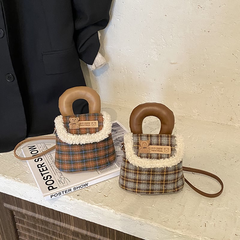 Unisex dječja torbica za rame s motivom medvjedića, karirani mini PU torba, prozračna