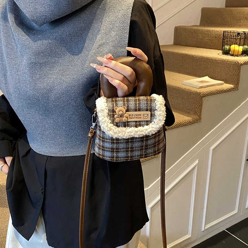 Unisex dječja torbica za rame s motivom medvjedića, karirani mini PU torba, prozračna