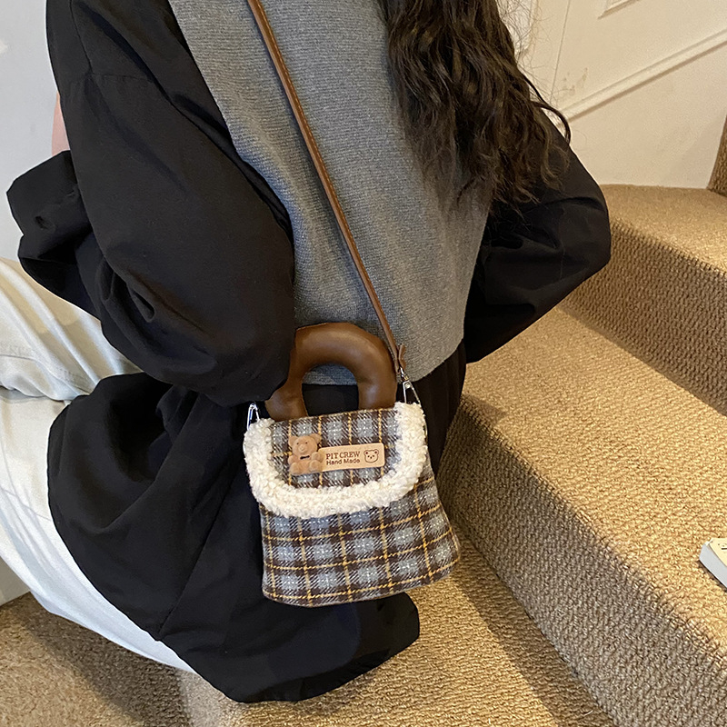 Unisex dječja torbica za rame s motivom medvjedića, karirani mini PU torba, prozračna