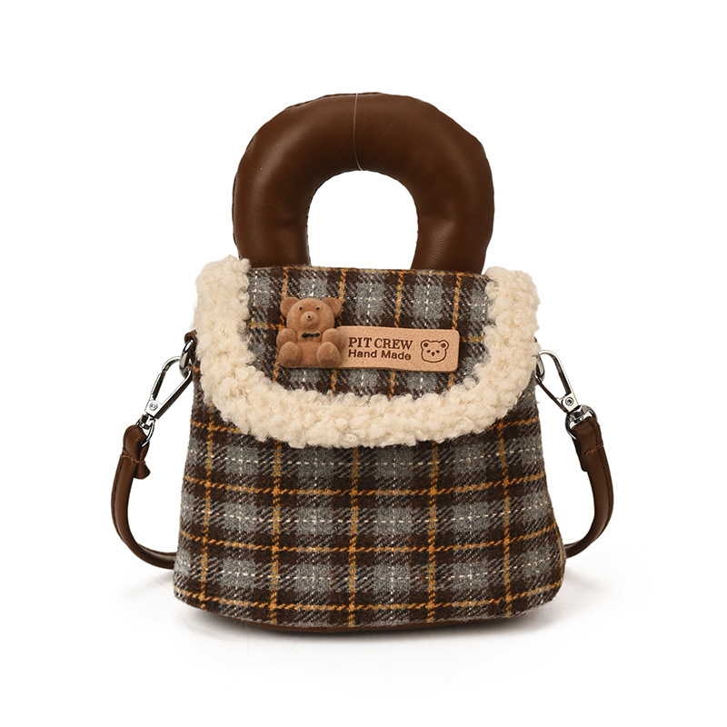 Unisex dječja torbica za rame s motivom medvjedića, karirani mini PU torba, prozračna