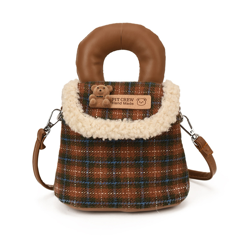 Unisex dječja torbica za rame s motivom medvjedića, karirani mini PU torba, prozračna