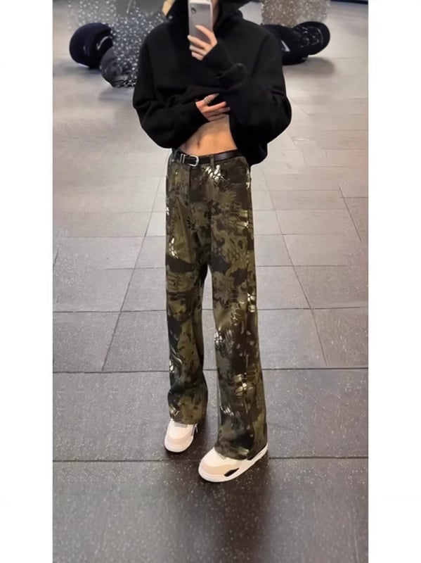 Meeste jeanid - sirge lõikega, keskmine vöökoht, tõmblukk, kamuflaažmuster, denim 30–50% polüestrit