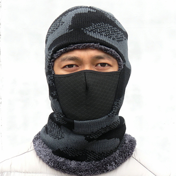 Kerékpáros maszk camuflált mintával, téli kötött sapka beépített fleece nyakmelegítővel és fülvédővel, poliészter