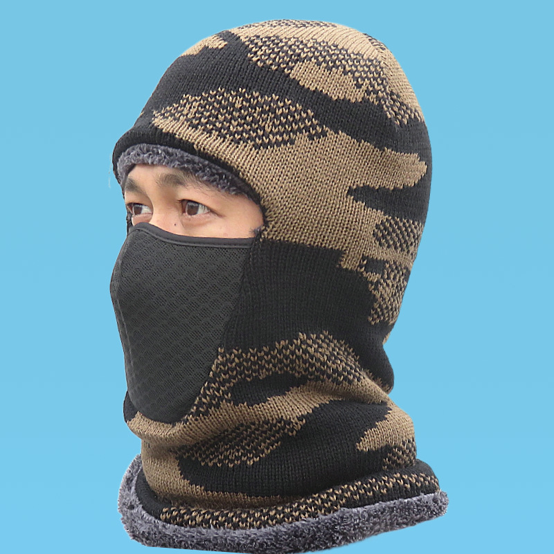 Kerékpáros maszk camuflált mintával, téli kötött sapka beépített fleece nyakmelegítővel és fülvédővel, poliészter