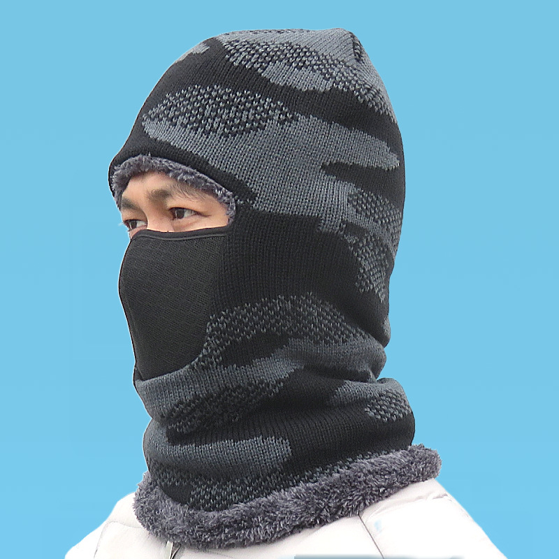 Kerékpáros maszk camuflált mintával, téli kötött sapka beépített fleece nyakmelegítővel és fülvédővel, poliészter