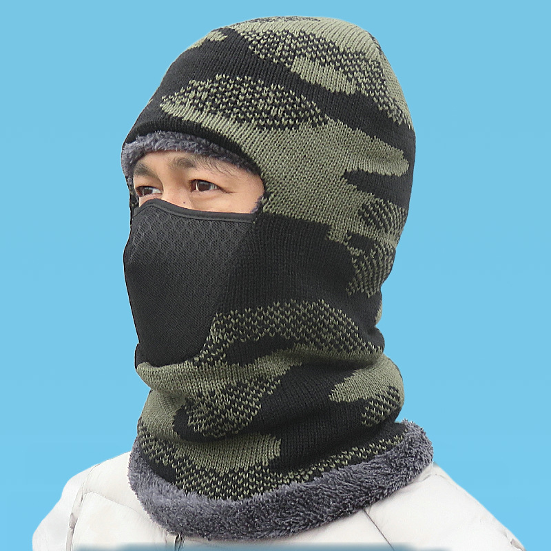Kerékpáros maszk camuflált mintával, téli kötött sapka beépített fleece nyakmelegítővel és fülvédővel, poliészter