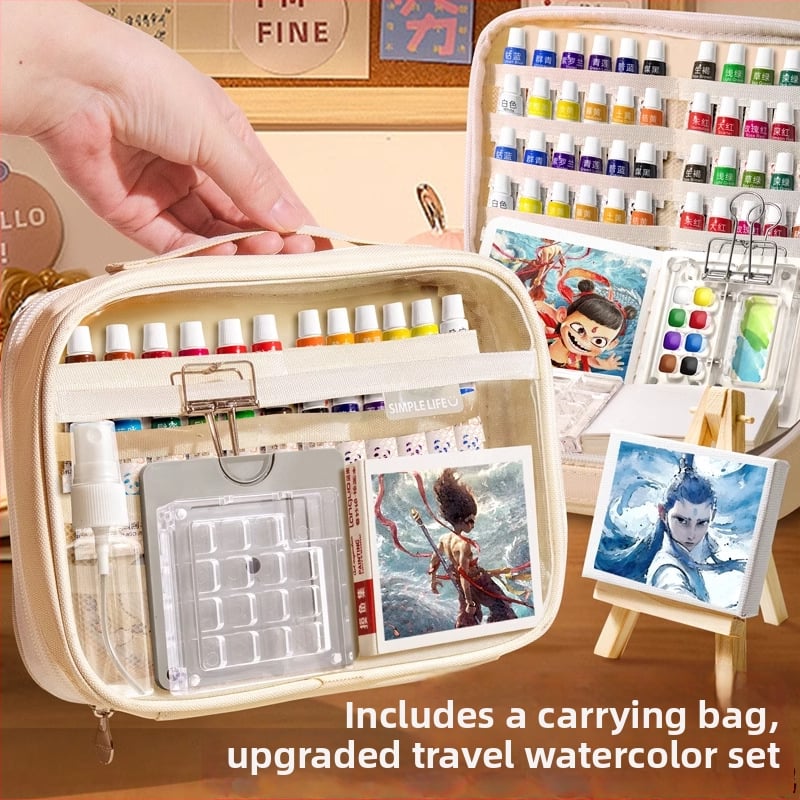 Комплект за рисуване с водни бои, акрил и гуаш, мини орехова дъска за рисуване и орехови инструменти за рисуване