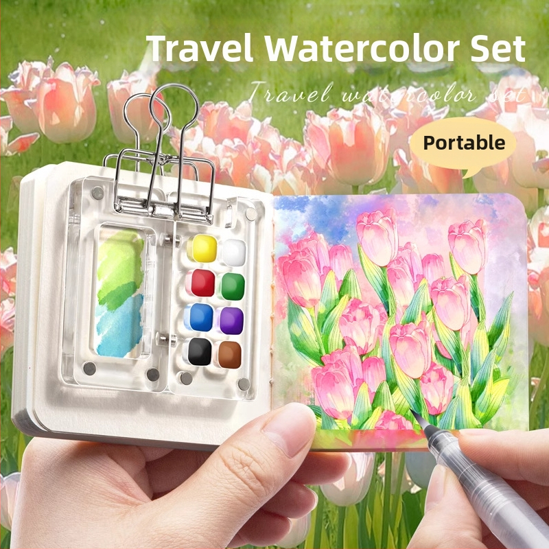 Set za crtanje vodovkama, akrilom i gouacheom, s mini pločom od oraha i alatima za crtanje od oraha