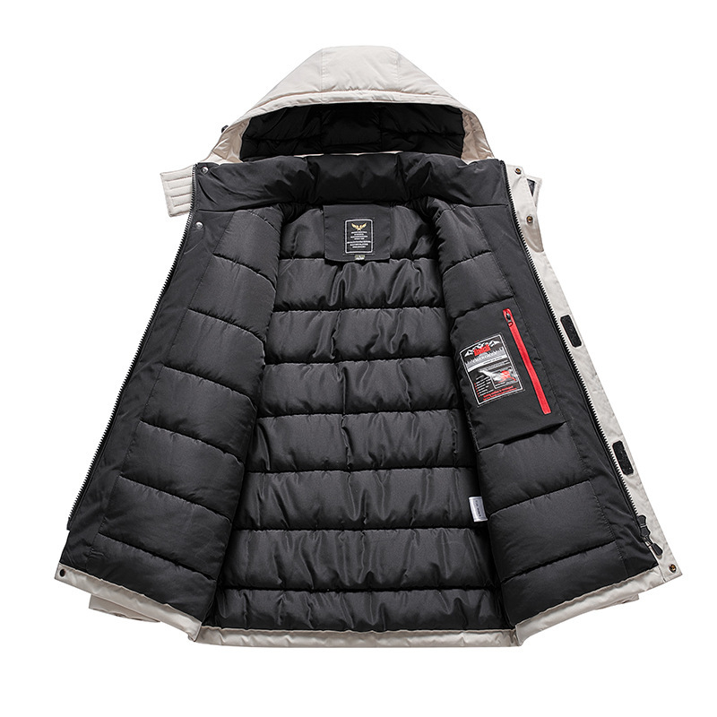 Palton cu glugă, croială lejeră, umplutură din mătase-pamut; exterior 100% poliester; căptușeală din nailon; fermoar frontal