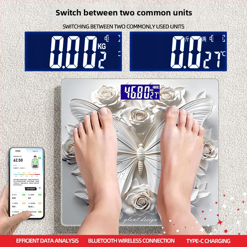 Váha na telesný tuk s 3D motýľ dizajnom, 180 kg kapacita, ABS konštrukcia, bezdrôtový dosah 5 m, napájanie 220V, meranie telesného tuku a vody