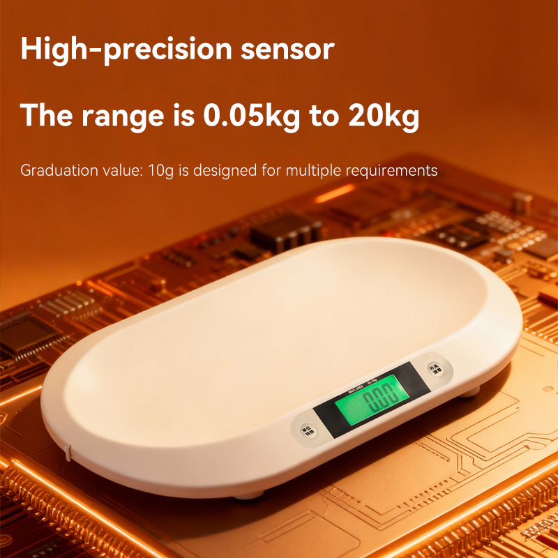 Elektronička vaga za bebe i malu djecu – visoko precizan senzor, raspon 0,05–20 kg, LCD zaslon, upravljanje gumbima, ABS kućište