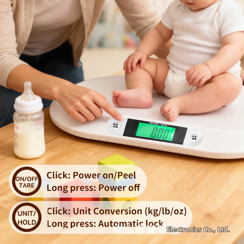 Elektronická detská váha pre novorodencov a batoľatá – vysoko presný senzor, rozsah 0,05–20 kg, LCD displej, ovládanie tlačidlami, ABS telo