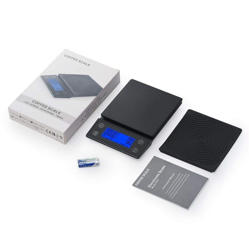 Кафе дигитална везна с автоматично измерване на времето, модел DH-8701, капацитет 5 кг, размери 19×13.2×2.2 cm, захранване 2×AAA
