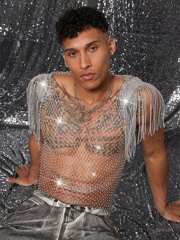 Euro-Ameerika võrgus T-särk rhinestoned, läbipaistev ööklubide ja randade jaoks, vaba lõige, nailonist materjal, keharõngas rindade jaoks W25410