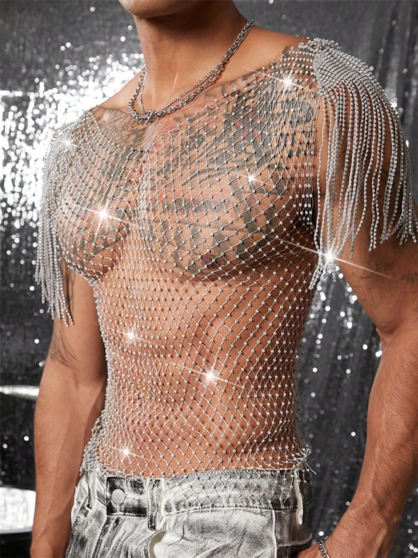Euro-Ameerika võrgus T-särk rhinestoned, läbipaistev ööklubide ja randade jaoks, vaba lõige, nailonist materjal, keharõngas rindade jaoks W25410