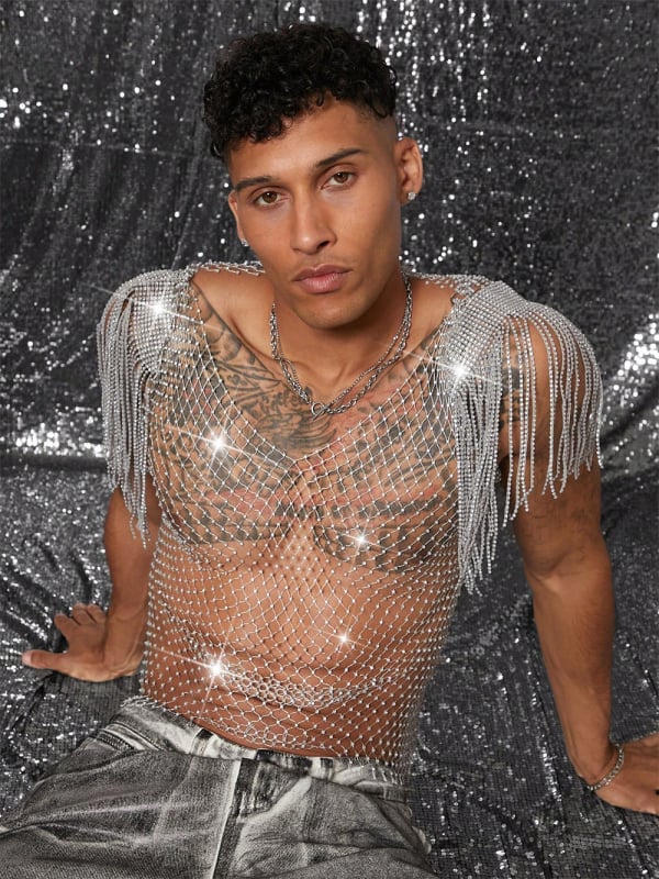 Euro-Ameerika võrgus T-särk rhinestoned, läbipaistev ööklubide ja randade jaoks, vaba lõige, nailonist materjal, keharõngas rindade jaoks W25410