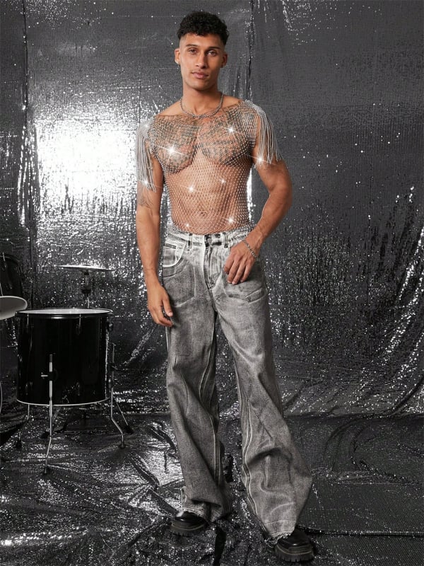 Euro-Ameerika võrgus T-särk rhinestoned, läbipaistev ööklubide ja randade jaoks, vaba lõige, nailonist materjal, keharõngas rindade jaoks W25410