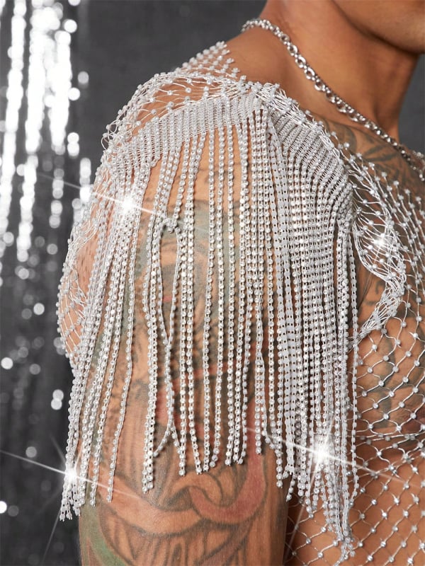 Euro-Ameerika võrgus T-särk rhinestoned, läbipaistev ööklubide ja randade jaoks, vaba lõige, nailonist materjal, keharõngas rindade jaoks W25410