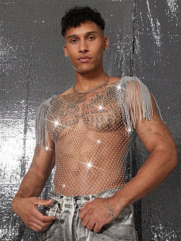 Euro-Ameerika võrgus T-särk rhinestoned, läbipaistev ööklubide ja randade jaoks, vaba lõige, nailonist materjal, keharõngas rindade jaoks W25410