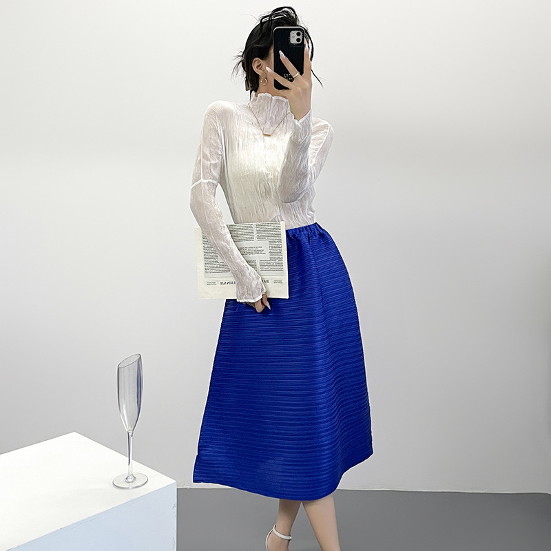 Miyake stil plisirana midi suknja za žene, slobodan kroj, jednobojna, elastičan pojas, A-linija