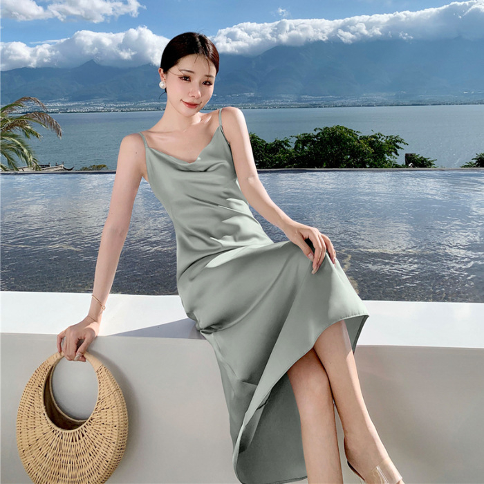 Pántos ruha, koreai stílus, egy darabból álló, kerek nyakú, ujjatlan, A-vonalú sziluett, közepes hosszúságú, poliészter-spandex keverék