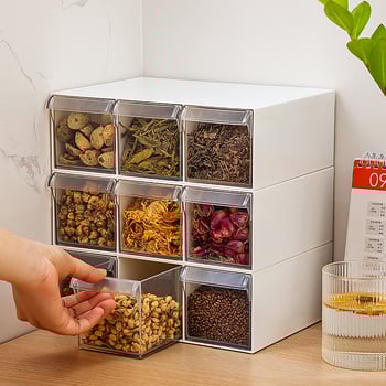 Κουτί αποθήκευσης ανθικού τσαγιού και μπαχαρικών με τύπο συρταριού, διαφανές πλαστικό τροφίμων, έξι διαμερίσματα, τετράγωνο σχήμα