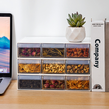 Κουτί αποθήκευσης ανθικού τσαγιού και μπαχαρικών με τύπο συρταριού, διαφανές πλαστικό τροφίμων, έξι διαμερίσματα, τετράγωνο σχήμα