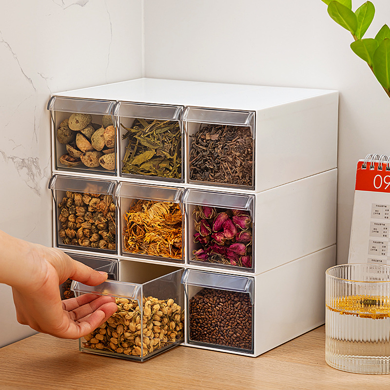 Κουτί αποθήκευσης ανθικού τσαγιού και μπαχαρικών με τύπο συρταριού, διαφανές πλαστικό τροφίμων, έξι διαμερίσματα, τετράγωνο σχήμα