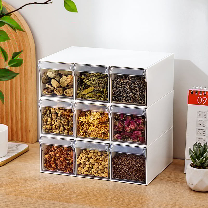 Κουτί αποθήκευσης ανθικού τσαγιού και μπαχαρικών με τύπο συρταριού, διαφανές πλαστικό τροφίμων, έξι διαμερίσματα, τετράγωνο σχήμα