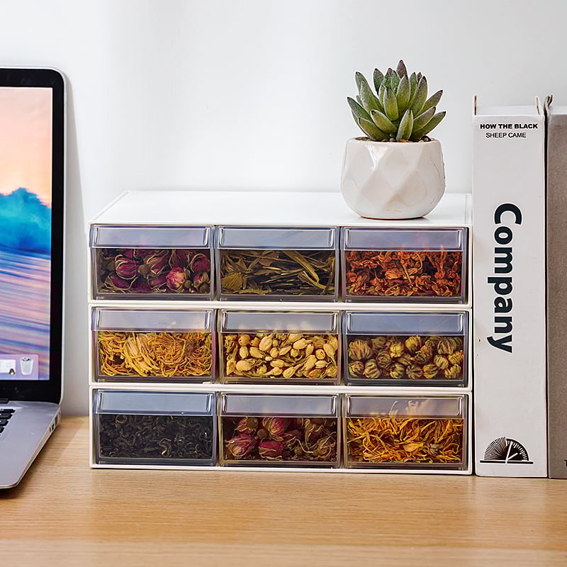 Κουτί αποθήκευσης ανθικού τσαγιού και μπαχαρικών με τύπο συρταριού, διαφανές πλαστικό τροφίμων, έξι διαμερίσματα, τετράγωνο σχήμα