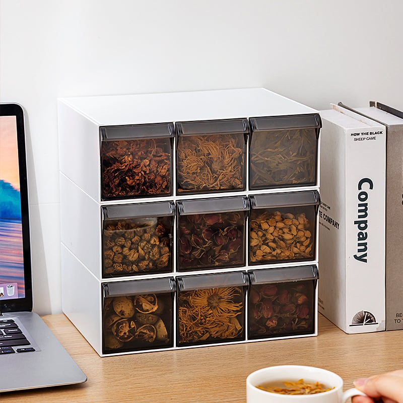 Κουτί αποθήκευσης ανθικού τσαγιού και μπαχαρικών με τύπο συρταριού, διαφανές πλαστικό τροφίμων, έξι διαμερίσματα, τετράγωνο σχήμα