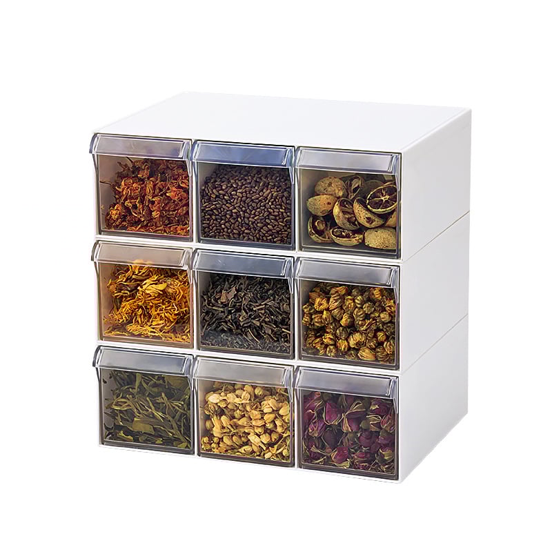 Κουτί αποθήκευσης ανθικού τσαγιού και μπαχαρικών με τύπο συρταριού, διαφανές πλαστικό τροφίμων, έξι διαμερίσματα, τετράγωνο σχήμα