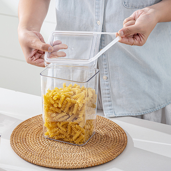 Διαφανής τετράγωνος κάδος αποθήκευσης τροφίμων για δημητριακά, σνακ και μπαχαρικά, ανθεκτικός στην υγρασία