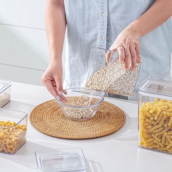 Διαφανής τετράγωνος κάδος αποθήκευσης τροφίμων για δημητριακά, σνακ και μπαχαρικά, ανθεκτικός στην υγρασία
