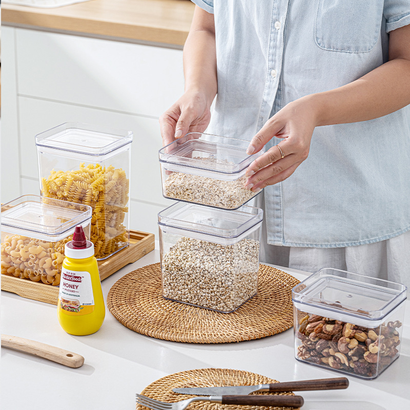 Διαφανής τετράγωνος κάδος αποθήκευσης τροφίμων για δημητριακά, σνακ και μπαχαρικά, ανθεκτικός στην υγρασία