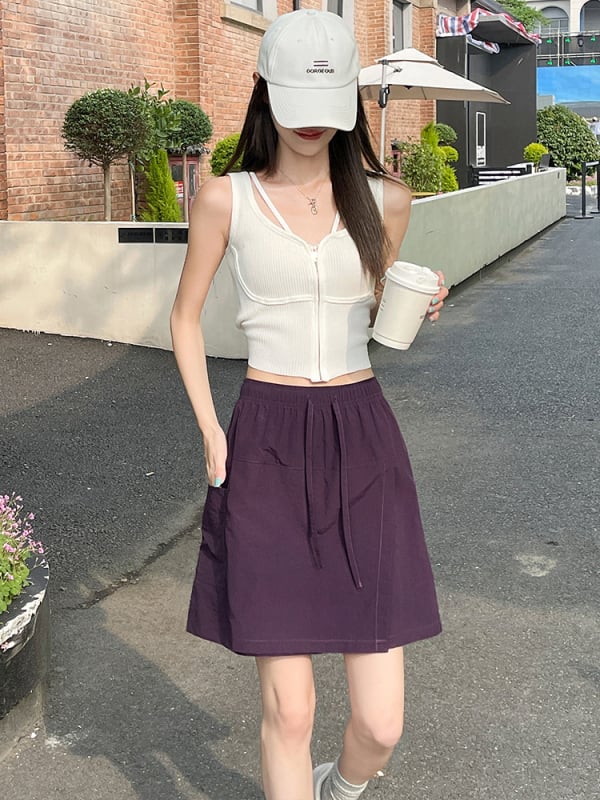 Ženska radna suknja-pantalone – kratka hip suknja s hlačama, Ice Hemp tkanina, ljeto 2025, dizajn protiv prozirnosti, japansko-korejski opušteni stil
