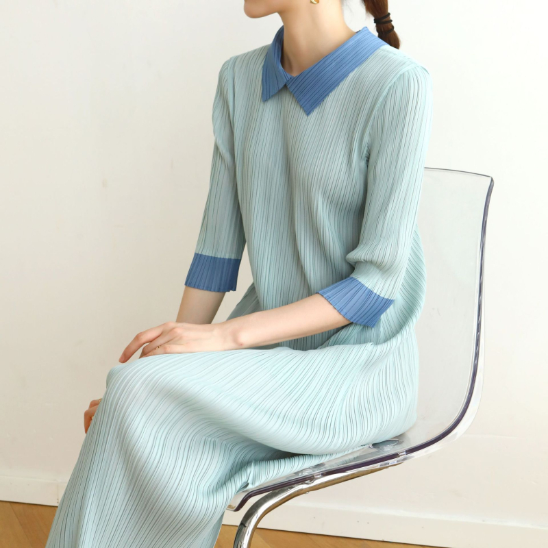 A-vonalú ruha, polo gallér, fél ujj, magas derék, poliészter