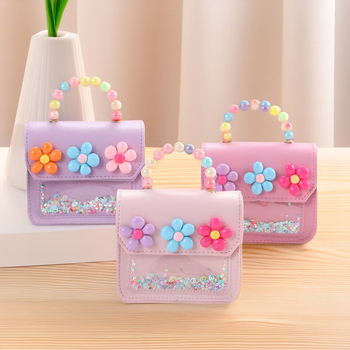 Portofel pentru copii pentru monede, cu model floral și mâner cu perle (PU, căptușeală PU, respirabil, extensibil, depozitare)
