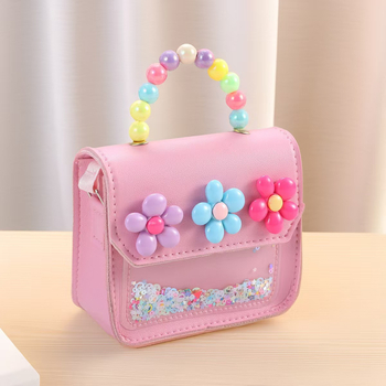 Portofel pentru copii pentru monede, cu model floral și mâner cu perle (PU, căptușeală PU, respirabil, extensibil, depozitare)