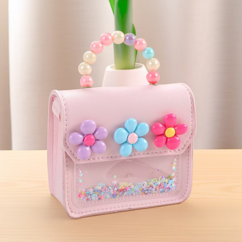 Portofel pentru copii pentru monede, cu model floral și mâner cu perle (PU, căptușeală PU, respirabil, extensibil, depozitare)