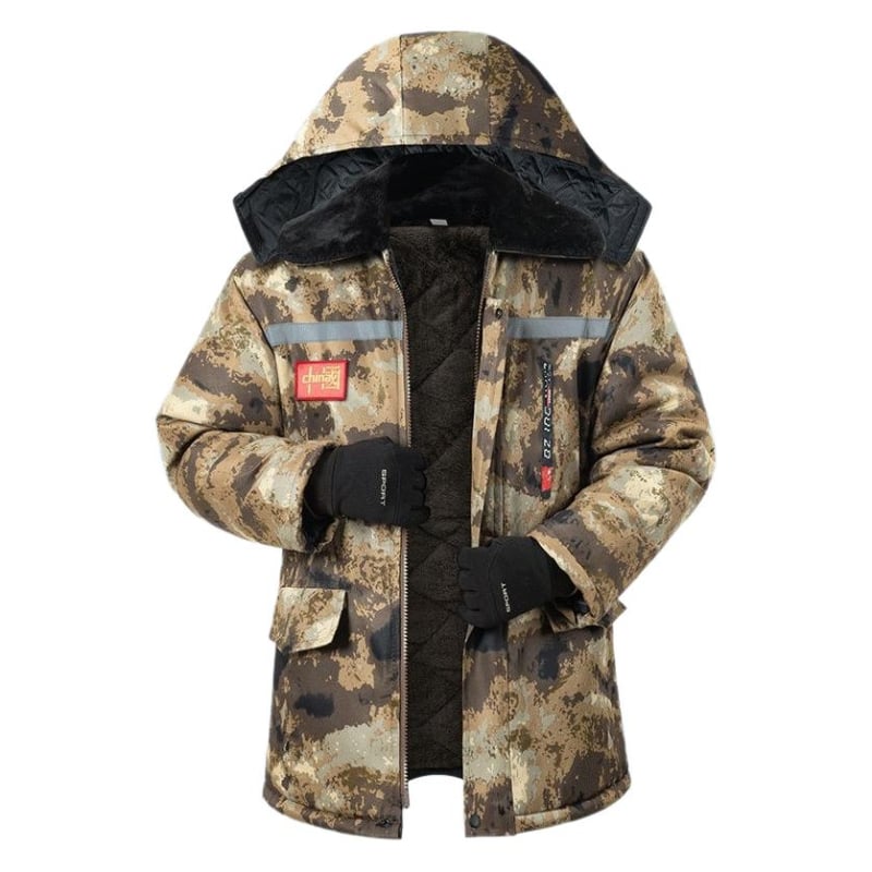 Geacă de iarnă pentru bărbați în camuflaj, căptușită cu fleece, umplutură din poliester, impermeabilă, lungime medie