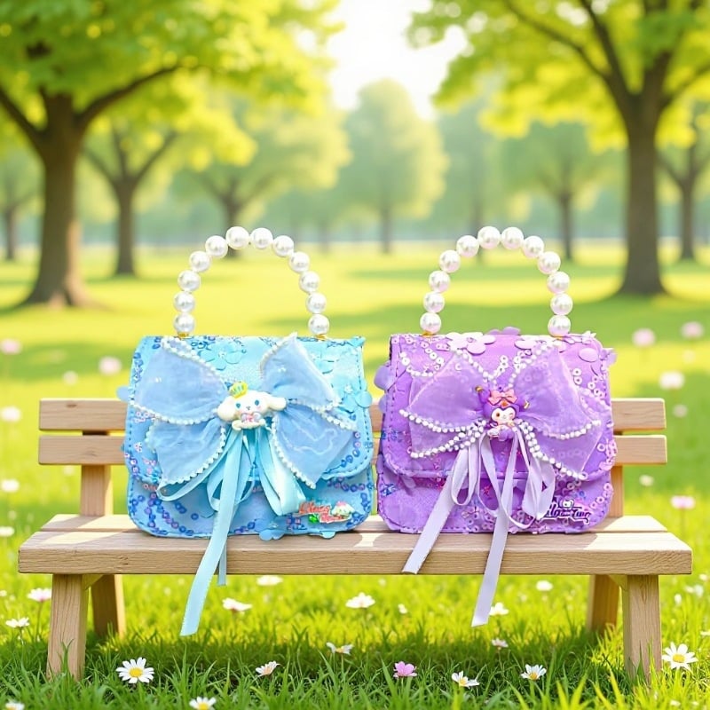 Crossbody torba s bisernom mašnicom, anime uzorak, PU materijal, bez podstave, za predškolke — slatka svakodnevna torbica