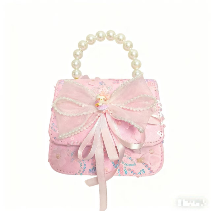 Crossbody torba s bisernom mašnicom, anime uzorak, PU materijal, bez podstave, za predškolke — slatka svakodnevna torbica