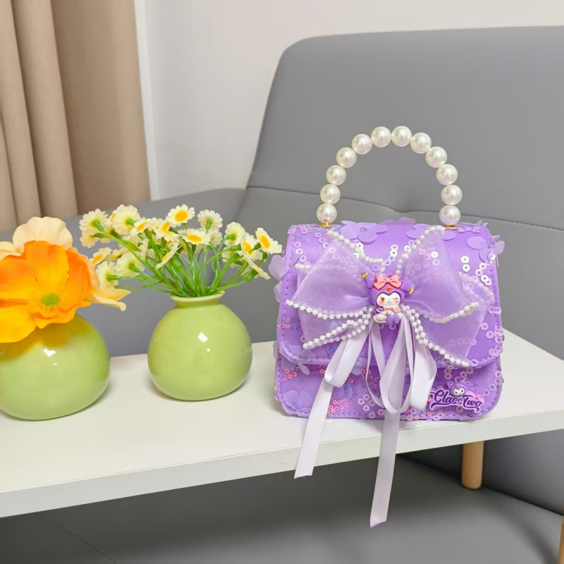 Crossbody torba s bisernom mašnicom, anime uzorak, PU materijal, bez podstave, za predškolke — slatka svakodnevna torbica
