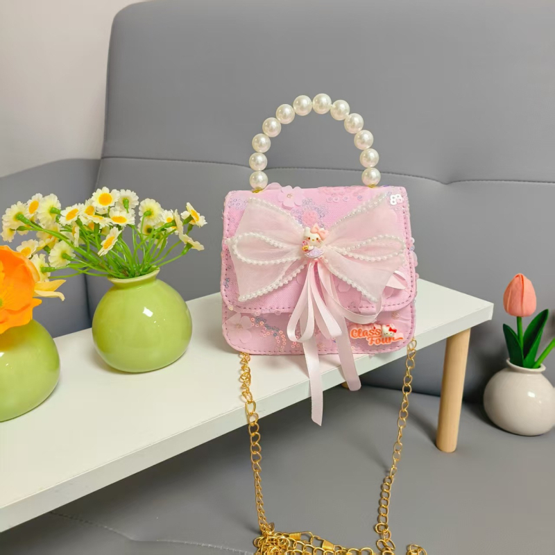 Crossbody torba s bisernom mašnicom, anime uzorak, PU materijal, bez podstave, za predškolke — slatka svakodnevna torbica