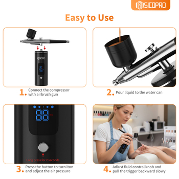 Kit portabil de aerograf cu pompă, presiune reglabilă și acțiune dublă, seria Sk39224-01; corp din aliaj de aluminiu; potrivit pentru decorarea torturilor, pulverizare și manichiură; presiune maximă 48; greutate 350 g