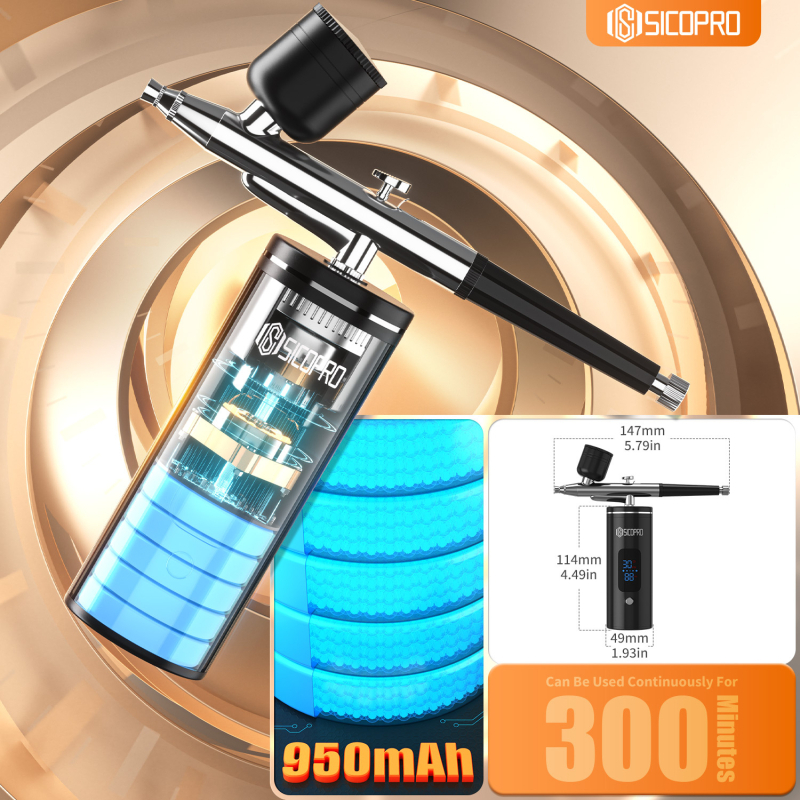 Kit portabil de aerograf cu pompă, presiune reglabilă și acțiune dublă, seria Sk39224-01; corp din aliaj de aluminiu; potrivit pentru decorarea torturilor, pulverizare și manichiură; presiune maximă 48; greutate 350 g