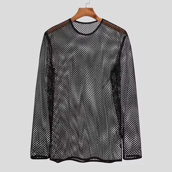 Muški mrežasti T‑shirt s dugim rukavima i okruglim izrezom, uski kroj, prozračan poliester, mrežasti uzorak